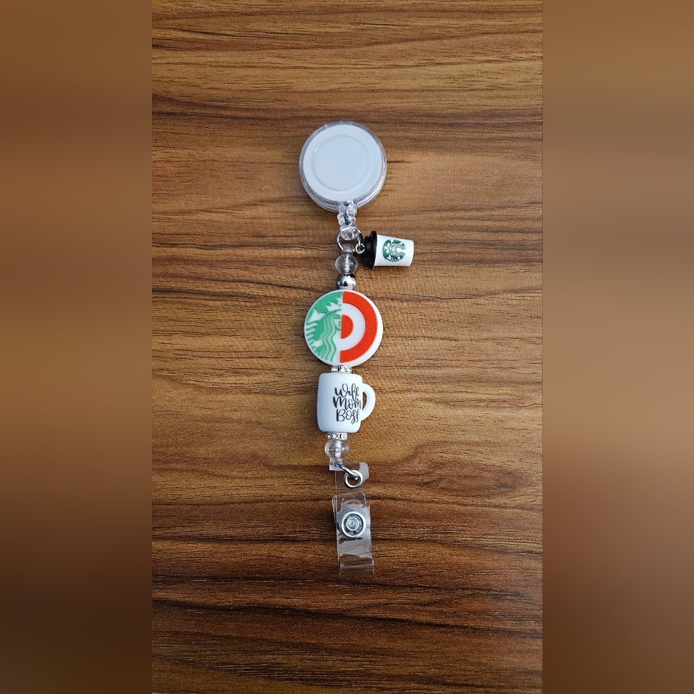 Starbucks Green and Red Badge Reel with Coffee Mug Charm